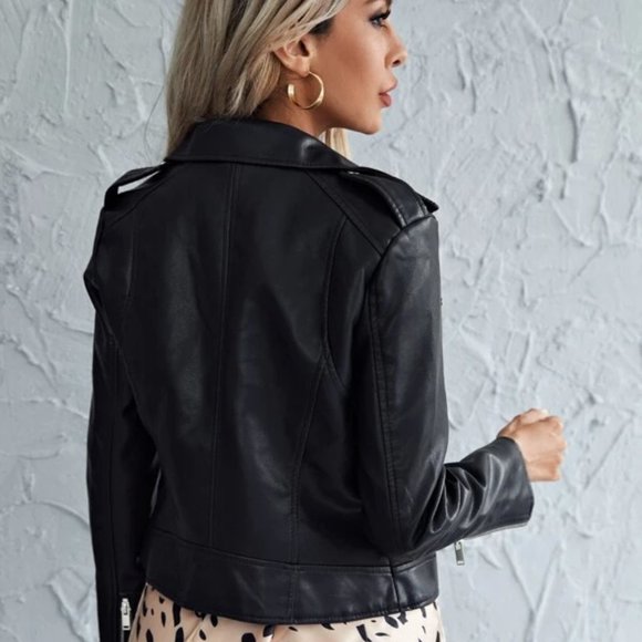 Lapel Neck Zip Up PU Biker Jacket - Picture 3 of 14